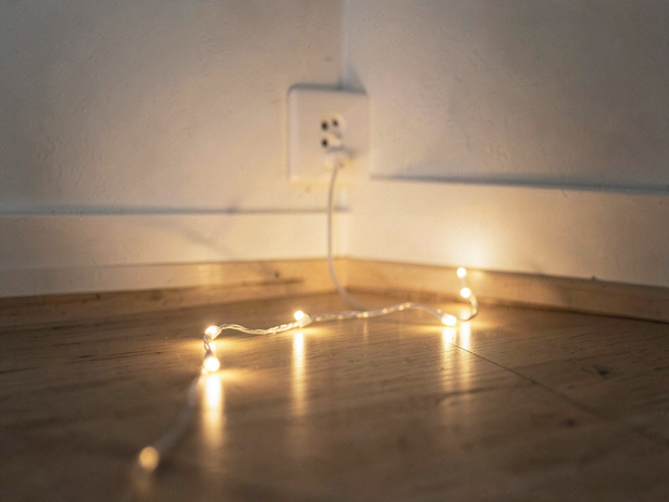 Warm fairy lights glow softly