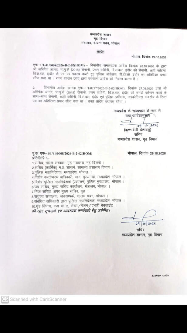 अतिरिक्त प्रभार देने वाला आदेश रद्द की कॉपी