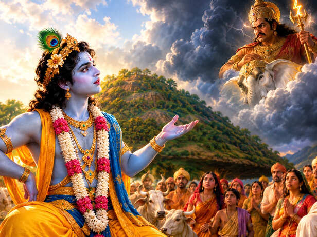Krishna Challenges Indra Amidst the Storm