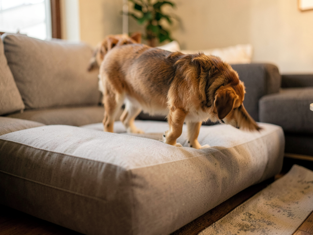 Dog approaches cozy bed
