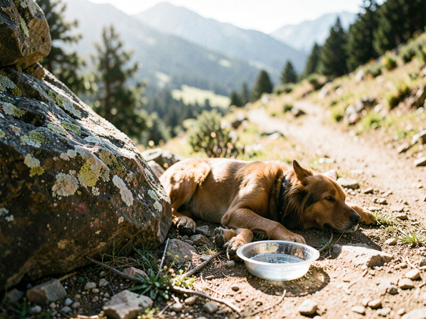 Dog rests on mountain trail