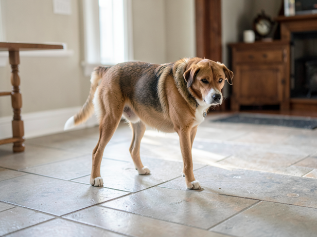 Tense dog on cool tiles