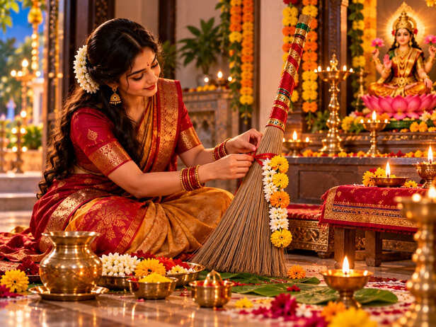 Preparing the Broom for Dhanteras Puja