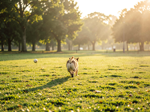 Dog chases ball in park